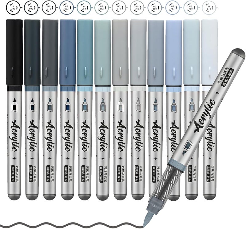 ZZWUAPT Grey Acrylic Paint Pens,12 Color Paint Pen Markers,Brush Tip Paint Pens for Rock Painting Wood Glass Ceramic Canvas Stone DIY Crafts Making Art Supplies - Image 1